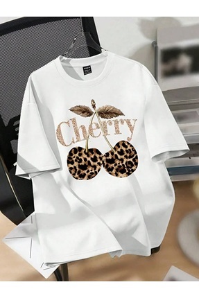 shi dumanlar giyim Oversize Bay/ Leopar Cherry Baskılı Penye Tshirt