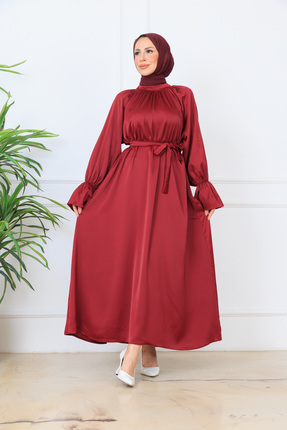 BARG FASHION Bordo Saten Kuşaklı Volan Kol Tesettür Maxi Elbise