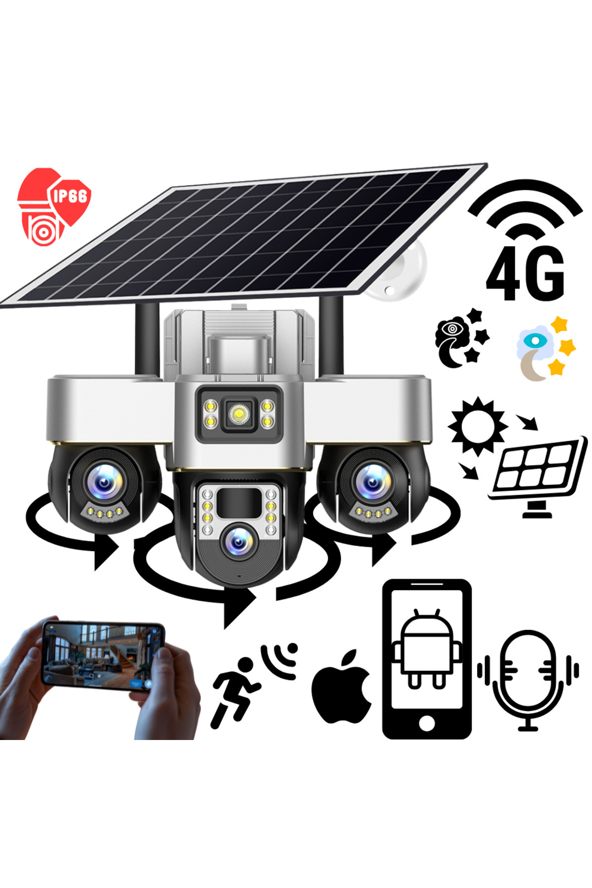 Dobest 3 Kameralı 6MP Güneş Solar Panelli Sim Kart Ile Çalışan Güvenlik Kamerası Full Hd 8000 Mah