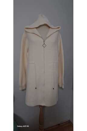 Zoe Krem rengi kapşonlu Fermuarlı cepli hırka