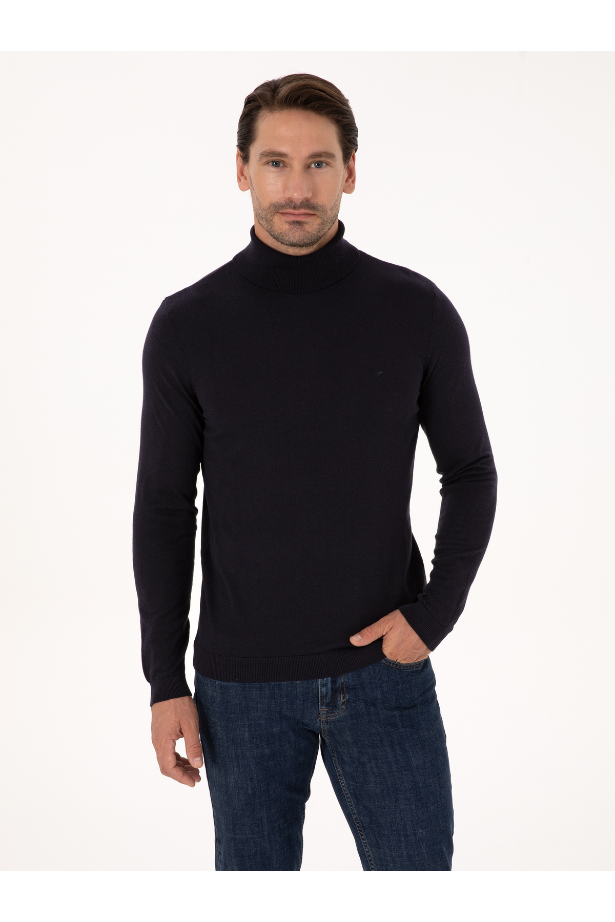 ژاکت بافتنی ساده سرمه‌ای اسلیم فیت برند کاشارل کد:(50318678-VR033) Cacharel