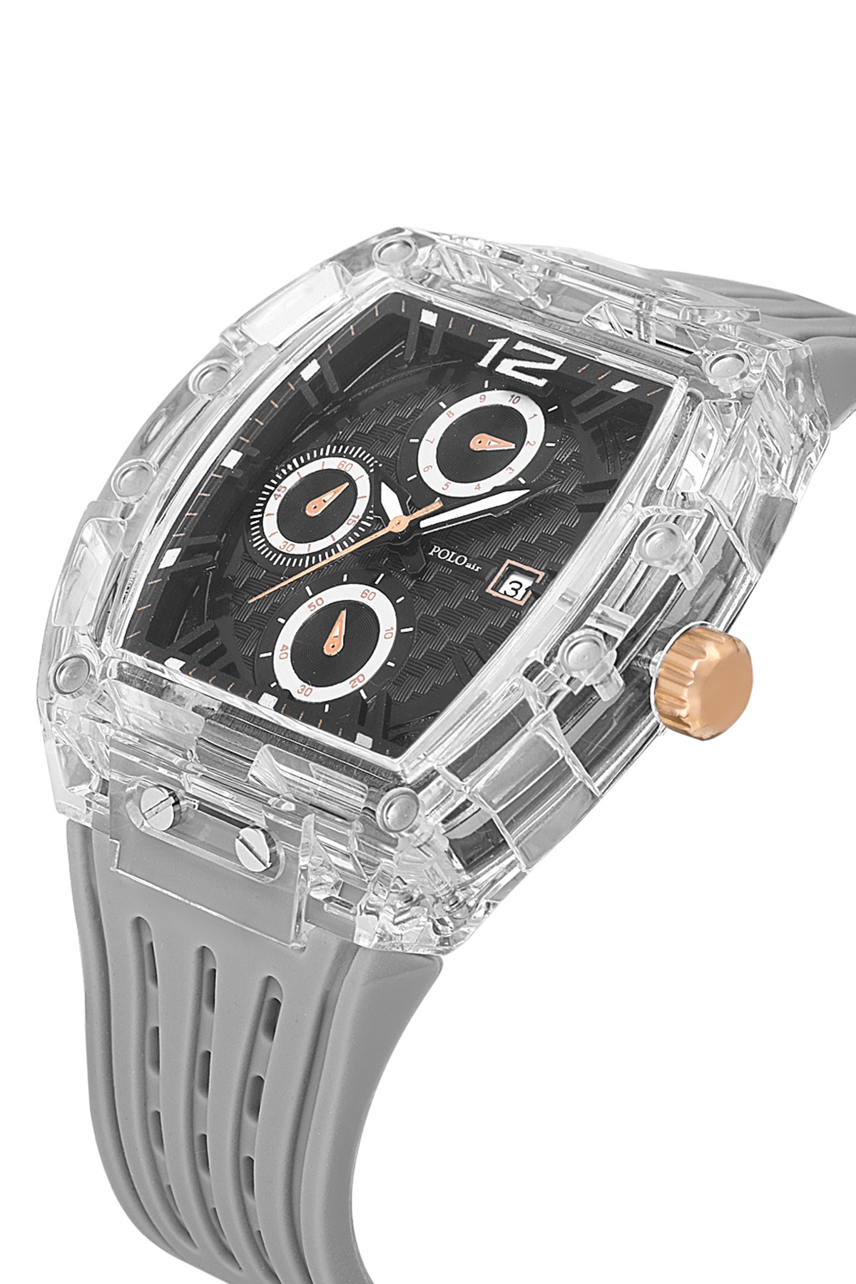 ساعت مچی مردانه سیلیکونی با تقویم، رنگ خاکستری شفاف، مدل PL-7051E4X