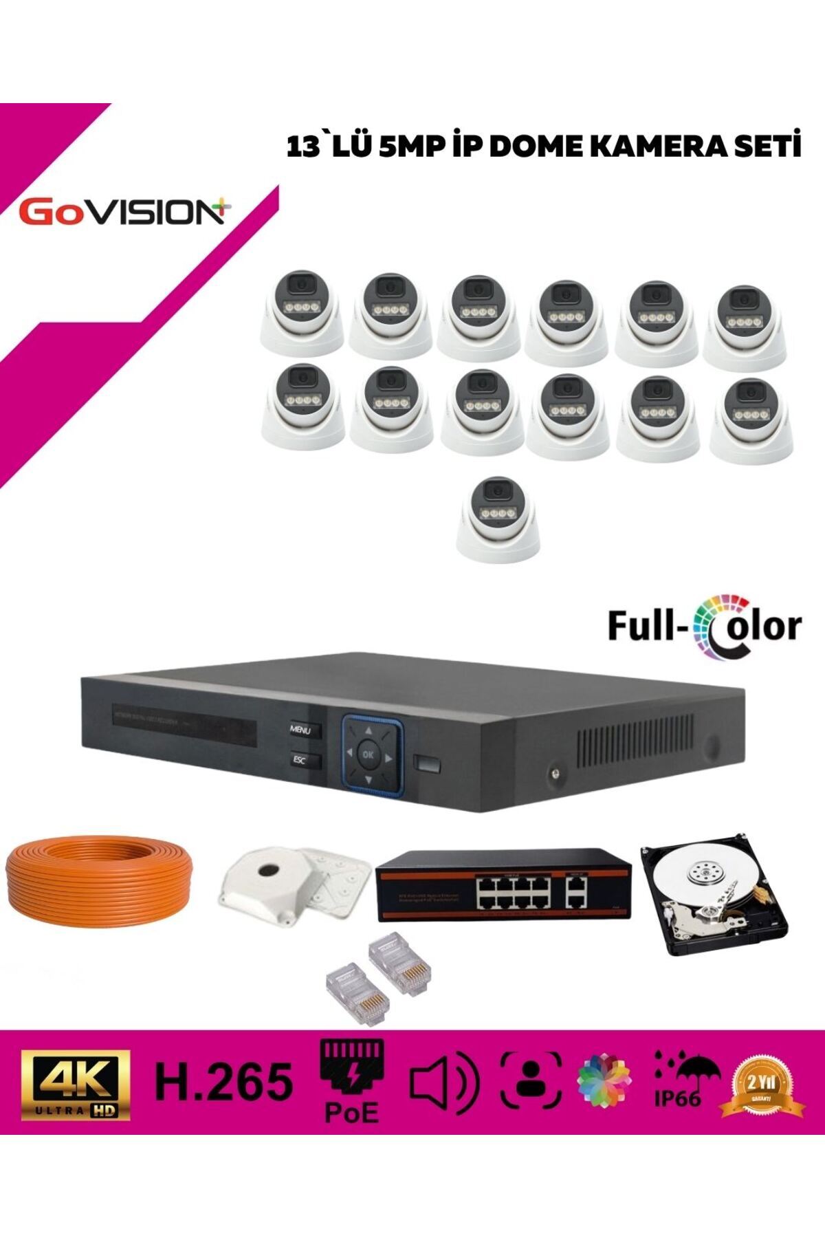 Go Vision 13'lü Güvenlik Ip Kamera Set-5mp Dome Kamera,3.6mm Lens,H.265,Poe,Warm LED Gece Görüşlü