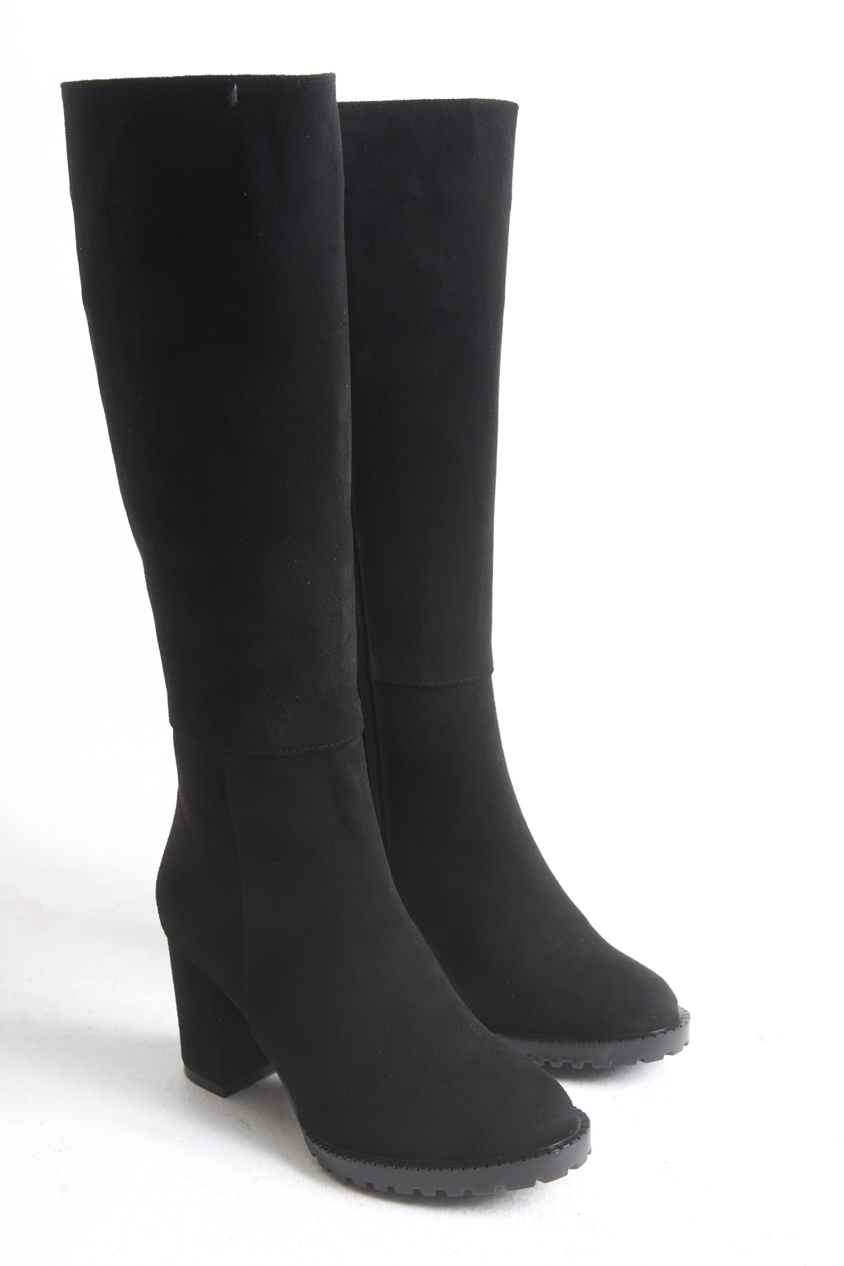 Ayakkabı Delisiyim  Siyah Süet Kadın Çizme Kalın Topuklu Platformlu Fermuarlı Diz Altı Çizme Seli - Görsel 5