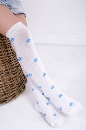 Kız Çocuk Beyaz Zeminde Mavi Papatyalar Desen Pamuklu Dizaltı Okul Çorap 1 Adet M0C0501-0015