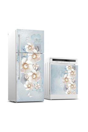 Buzdolabı ve Bulaşık Makinası Beyaz Eşya Sticker Kaplama 3d Beyaz Çiçekler BB-TK-246