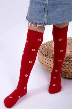 Kız Çocuk Kırmızı Zeminde Beyaz Papatyalar Desen Pamuklu Dizaltı Okul Çorap 1 Adet M0C0501-0015