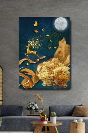 Dekoratif Soyut Altın Geyikli Altın Ağaç Sürreal Kanvas Duvar Tablosu 50x70cm BLKGOLDSET3