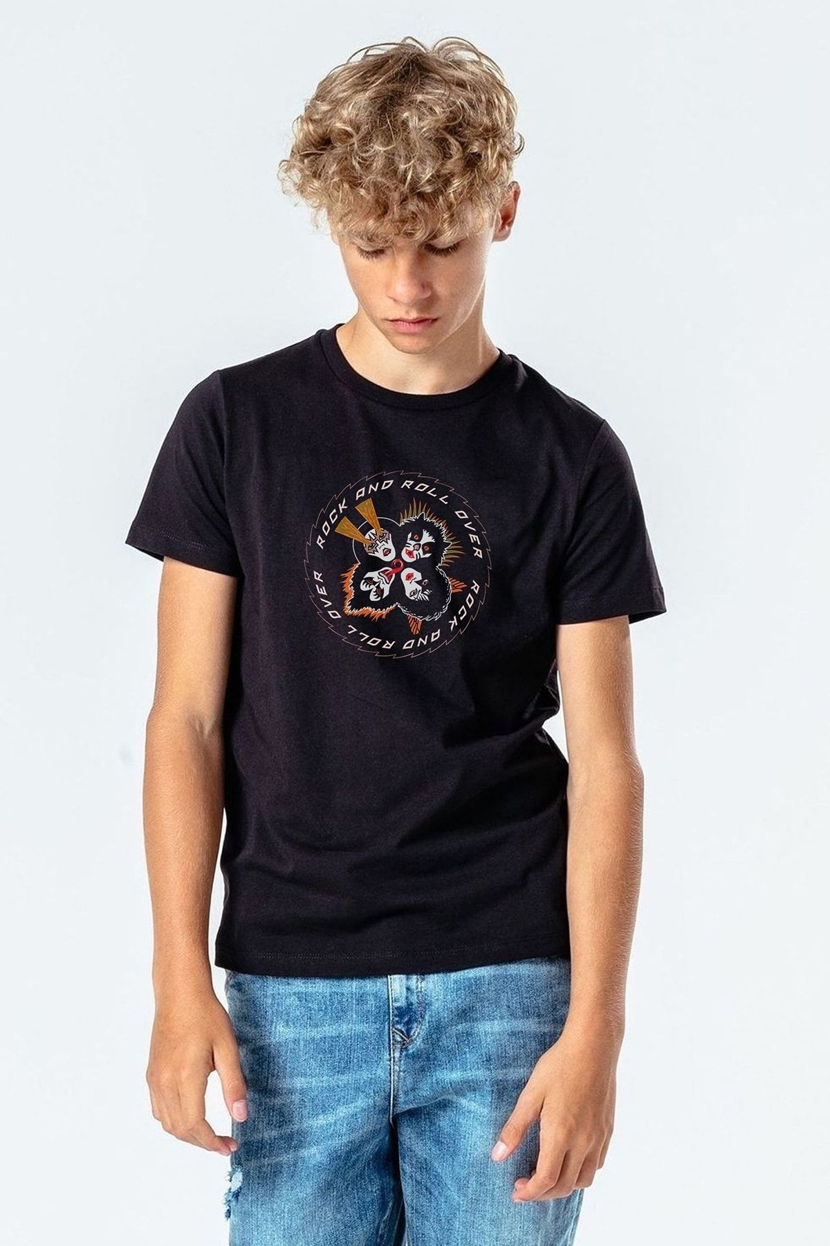 QIVI Hanorac Cu Imprimeu Rock And Roll Over Kiss Rock, Unisex, Negru Unisex - 5–6 years