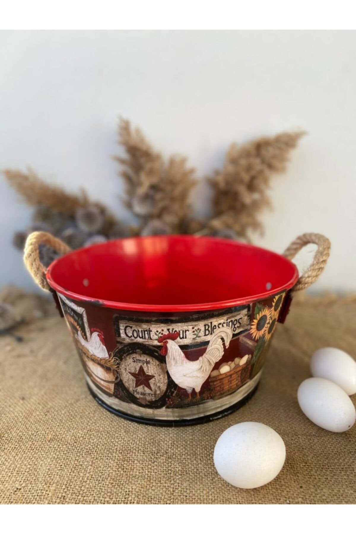 Handmadesign-Country Themed Chicken Sunflower Patterned Multi-Purpose Basket with Handle - Large Size 3