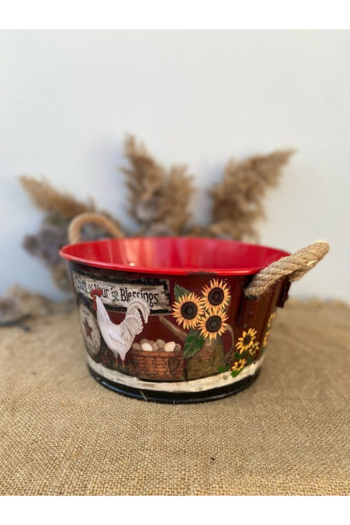 Handmadesign-Country Themed Chicken Sunflower Patterned Multi-Purpose Basket with Handle - Large Size 5