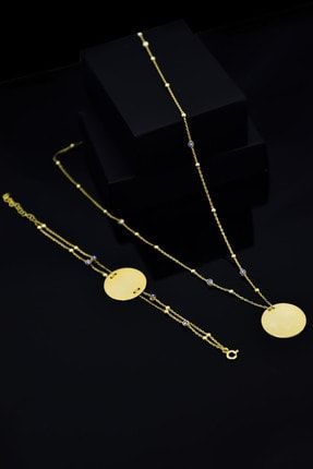 925 Ayar Gümüş Altın Kaplama Lacivert Nazar Mineli Plaka Kolye Bileklik Set UVPS600077