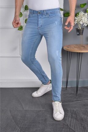 Erkek Jeans Skinny Fit Likralı Açık Mavi Italyan Stil Dar Paça Tırnaklı Kot Pantolon trdprm0073