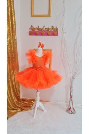 Neon Turuncu Tüllü Kabarık Abiye Elbise TRNC