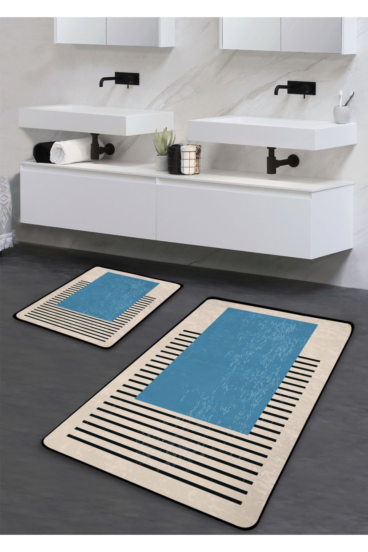 Pilloveland Kaymaz Taban Yıkanabilir 2’li Banyo Paspası - Mavi Tablo Desenli 60*100 Cm - 50*60 Cm