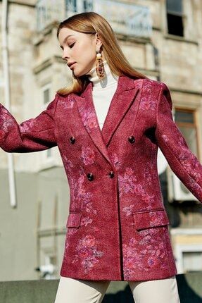 Ipek-yün Çiçek Desen Pembe Haute Couture Ceket NF02850