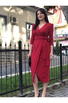 Kadın Kırmızı Kruvaze Anvelop Truvakar Krep Elbise ED61246