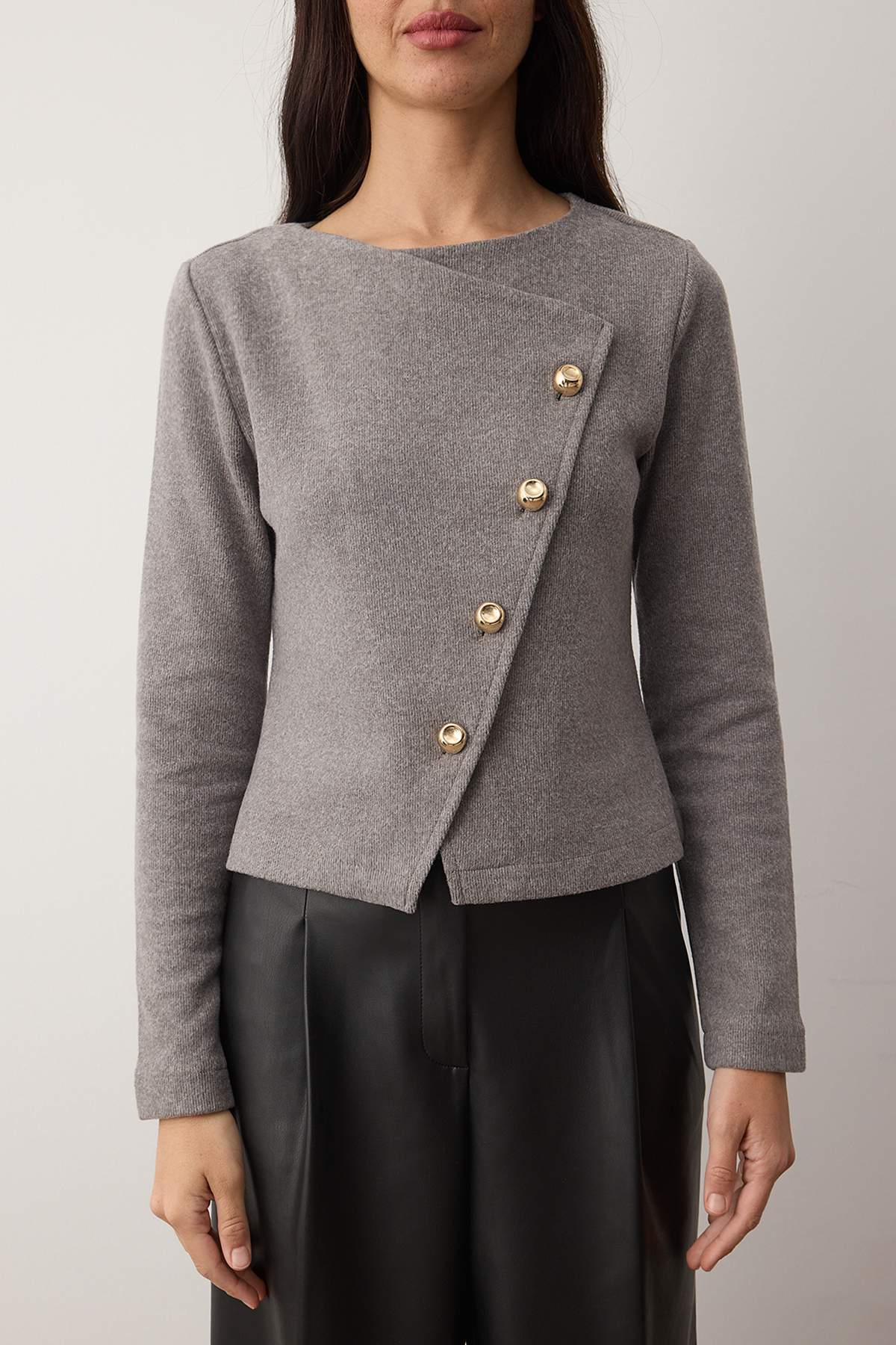 Trendyol Collection Gray Asymmetric Button Detailed Regular Knitted Blouse Twoaw26Bz00274