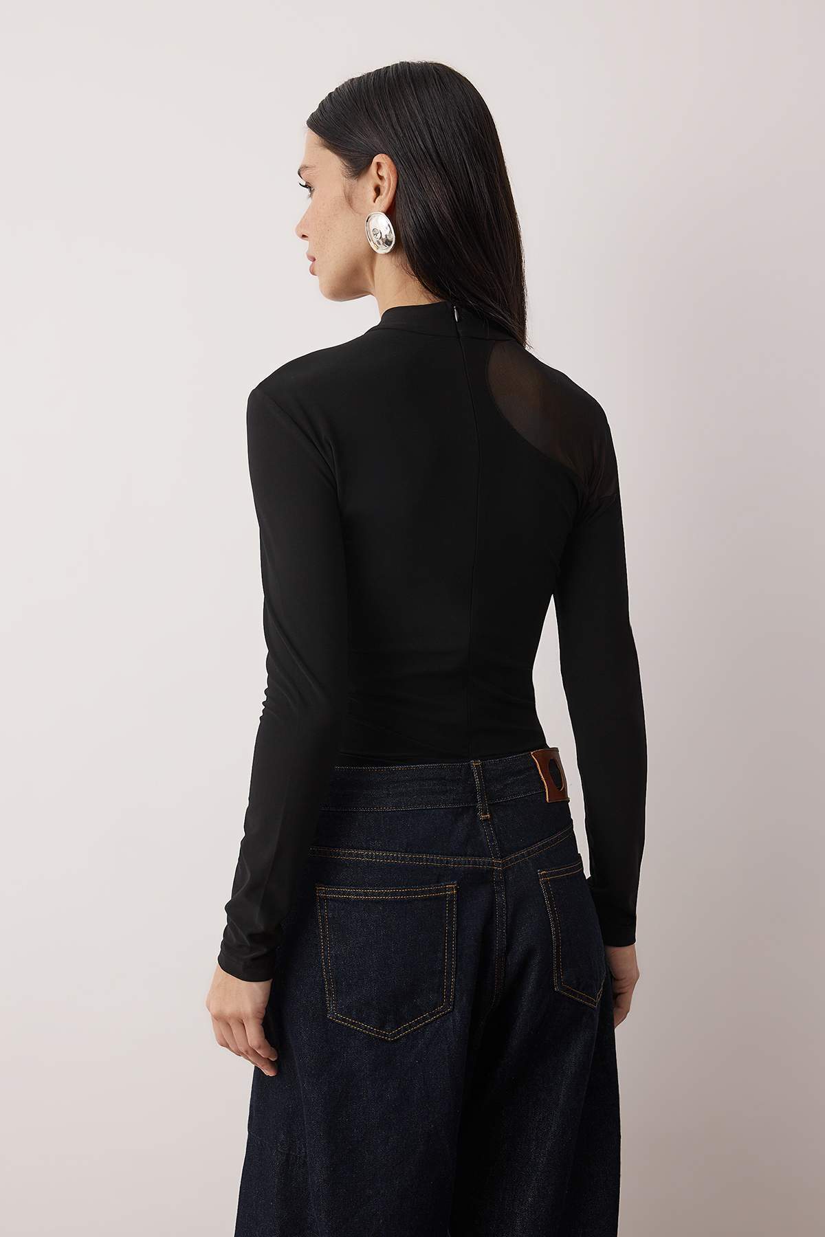 Trendyol Collection Μαύρο Διαφανές Λεπτομερές Πλεκτό Σώμα από Τούλι TPRAW24BD00011