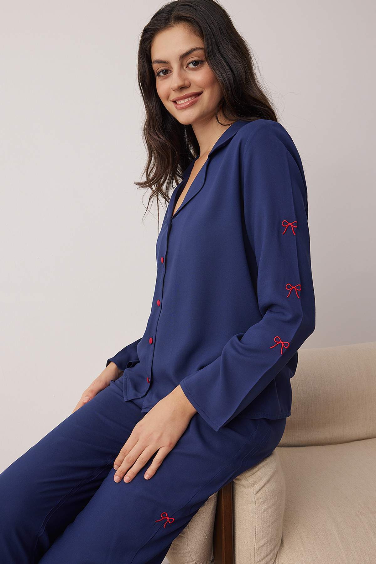 Trendyol Collection Navy Blue Ribbon/Bow Embroidery Detailed Viscose Woven Pa...