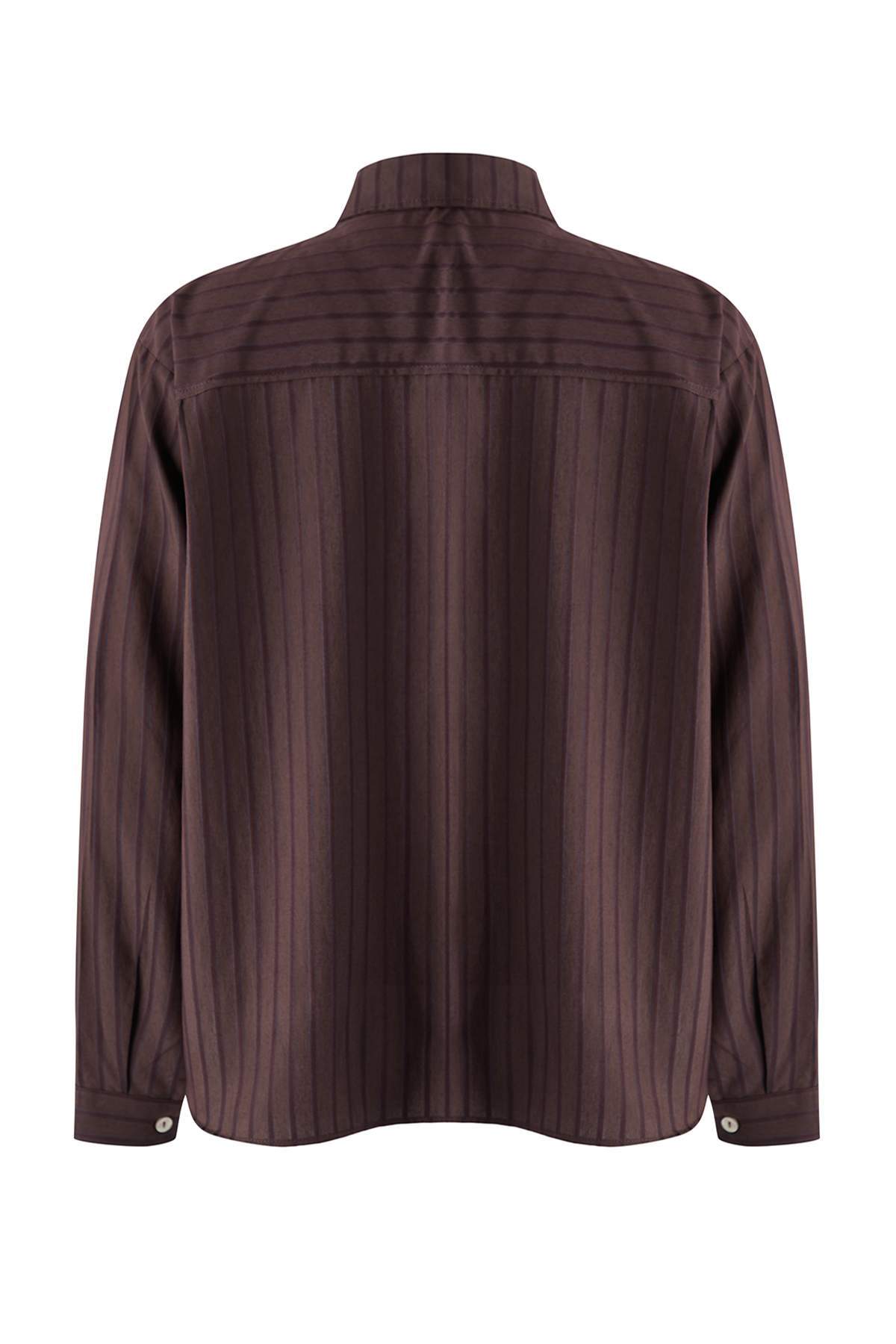 Trendyolmilla  Kahverengi Çizgili Oversize Dokuma Gömlek TWOAW26GO00138 - Görsel 11