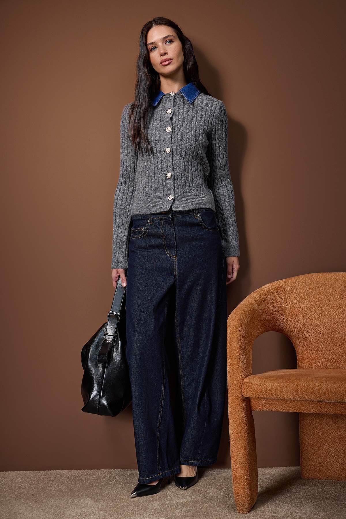 Trendyolmilla  Antrasit Denim Garnili Saç Örgü Triko Hırka TWOAW26HI00286 - Görsel 2