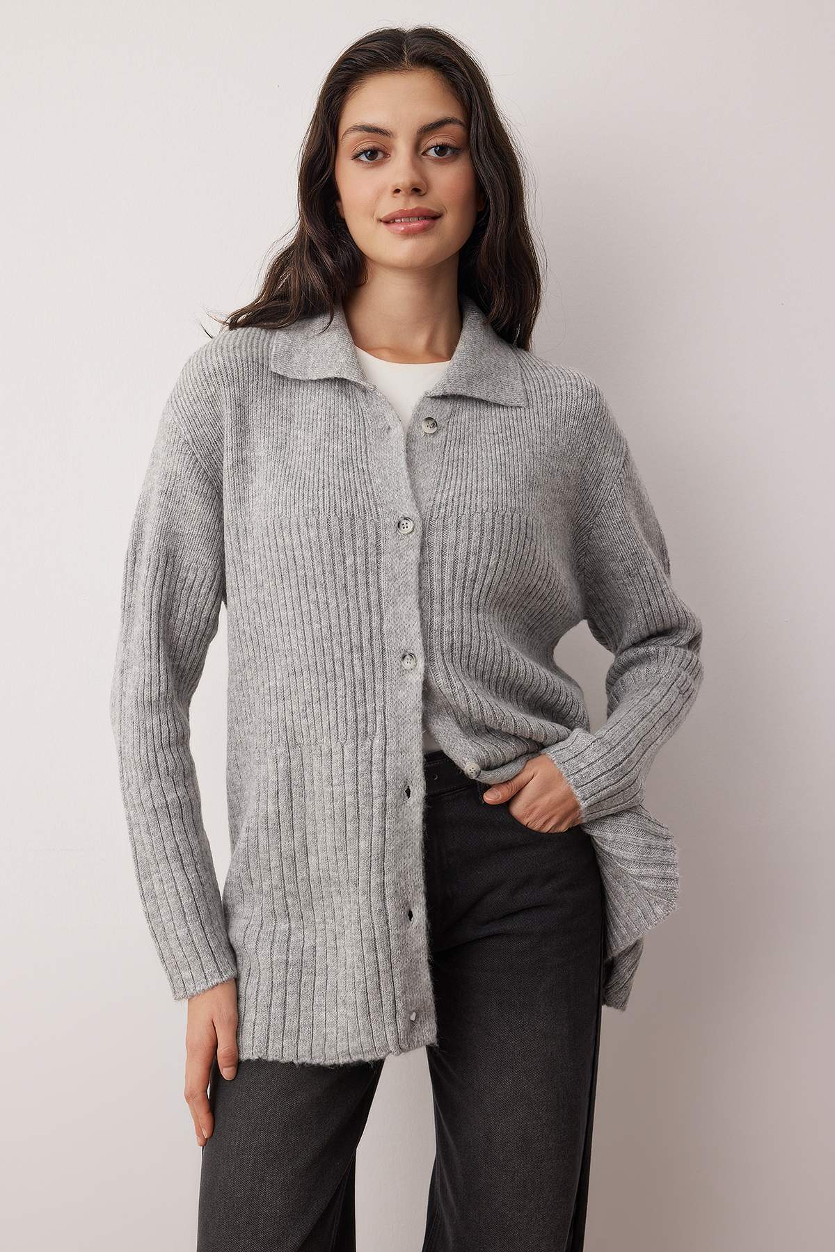 Trendyol Modest Anthracite Plain Ribbed Knitwear Tctaw26Th00004