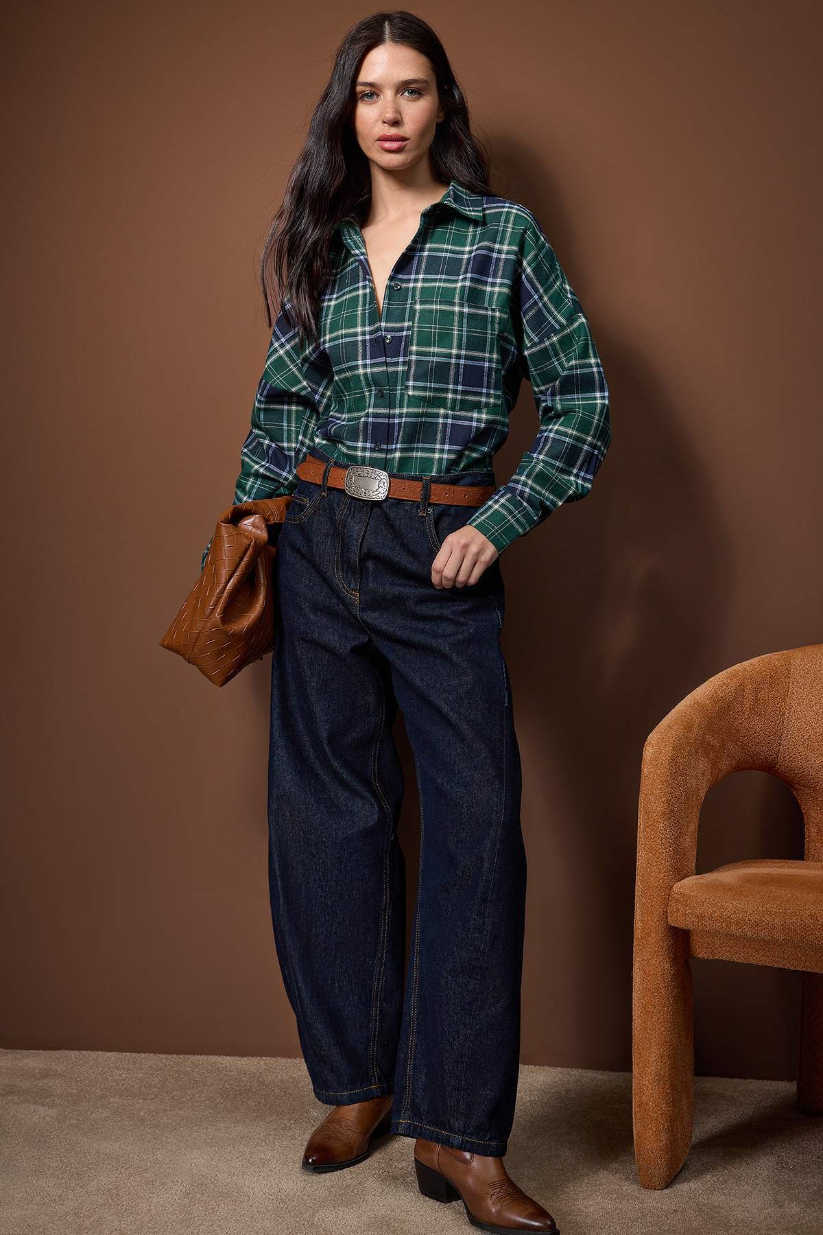 Trendyolmilla  Mavi-Çok Renkli Flanel Ekoseli Oversize/Geniş Kalıp Gömlek TWOAW26GO00132