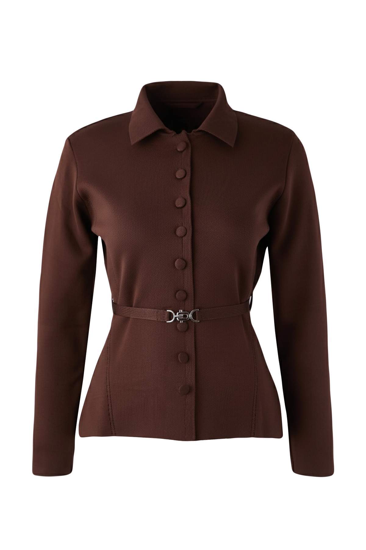 Trendyolmilla  Özel Koleksiyon Kahverengi Kemerli Polo Yaka Triko Hırka TWOAW26HI00131 - Görsel 5