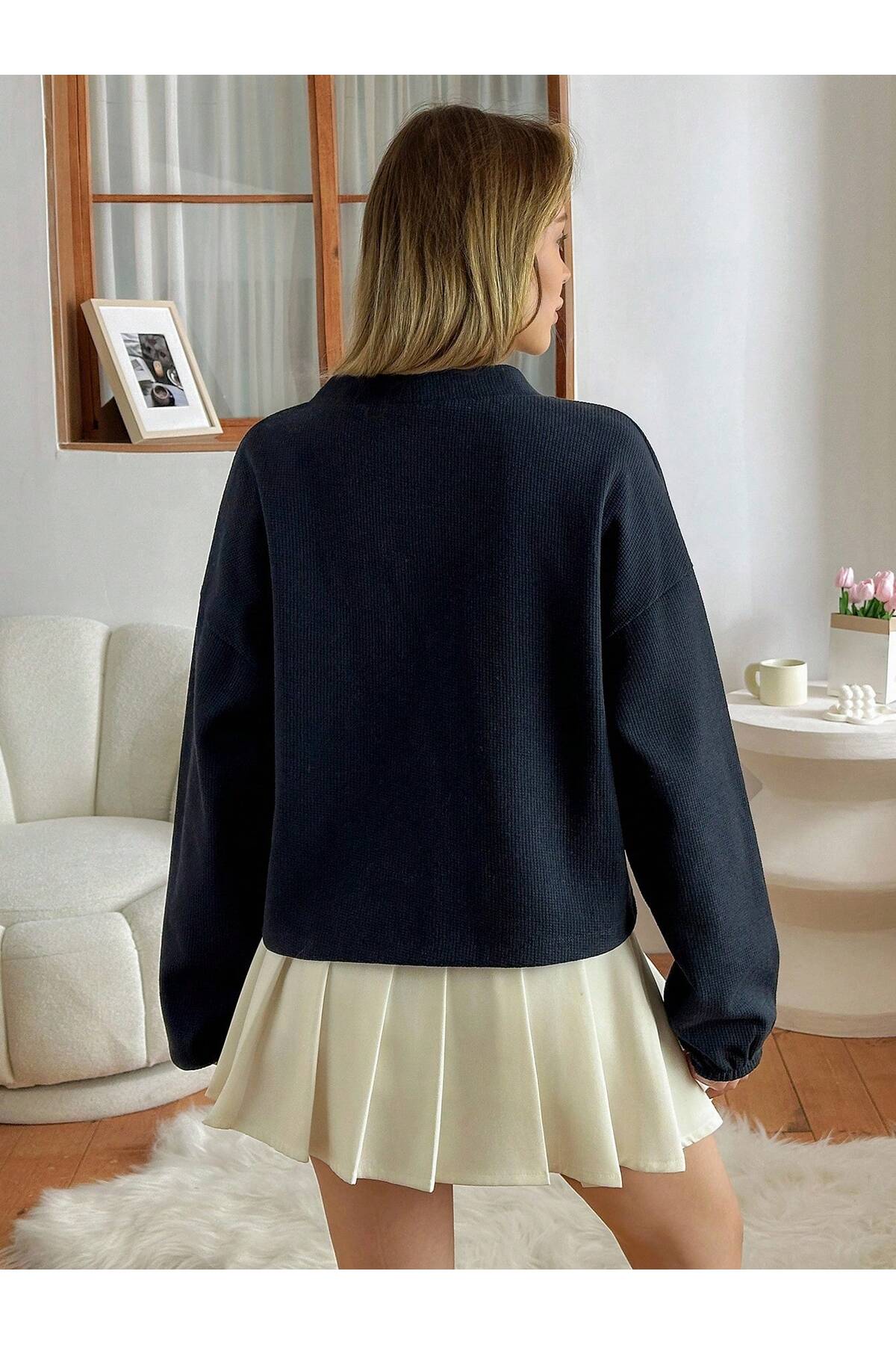 Mood Lab  Lacivert Waffle Dokulu Slogan Peç Detaylı Düğmeli Uzun Kol Hırka - Görsel 7