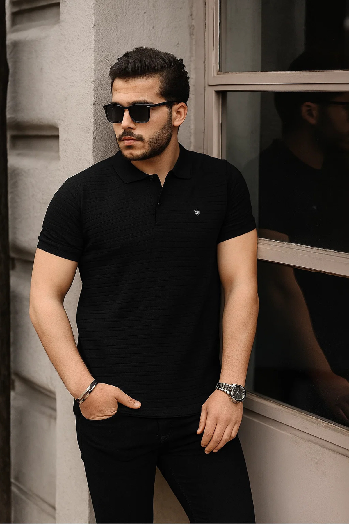 COMBİNE MİCHAİL  Erkek %100 Pamuklu Kumaş Slim Fit Kesim Siyah Polo Yaka T-shirt - Görsel 5