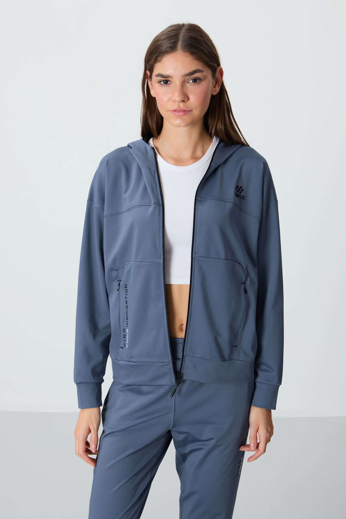 TOMMY LIFE Petrol Kapüşonlu Gizli Cep Detaylı Standart Kalıp Kadın Eşofman Takımı - 95306 görsel 3