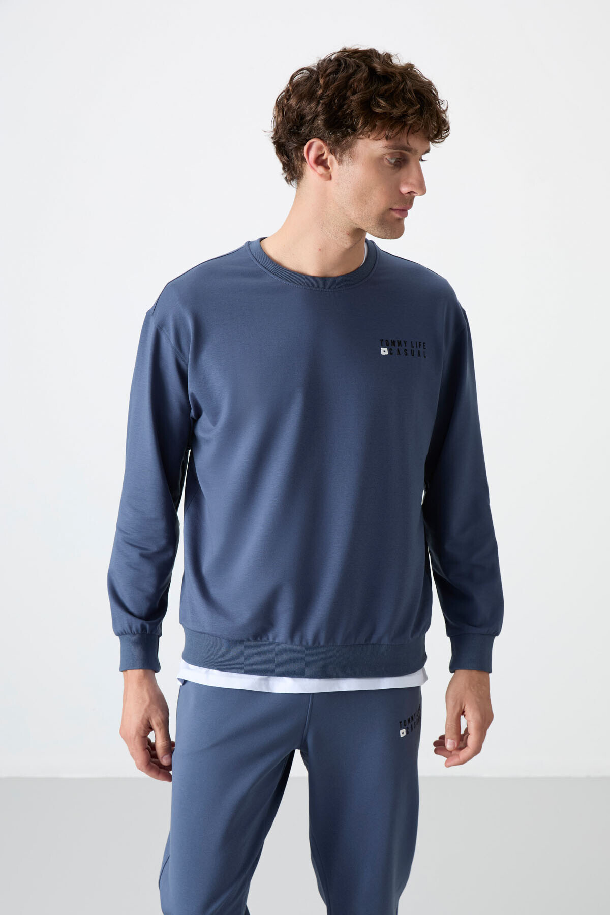 TOMMY LIFE  Petrol Casual O Yaka Lastik Paça Pamuklu Erkek Oversize Eşofman Takımı - 85120 - Görsel 8