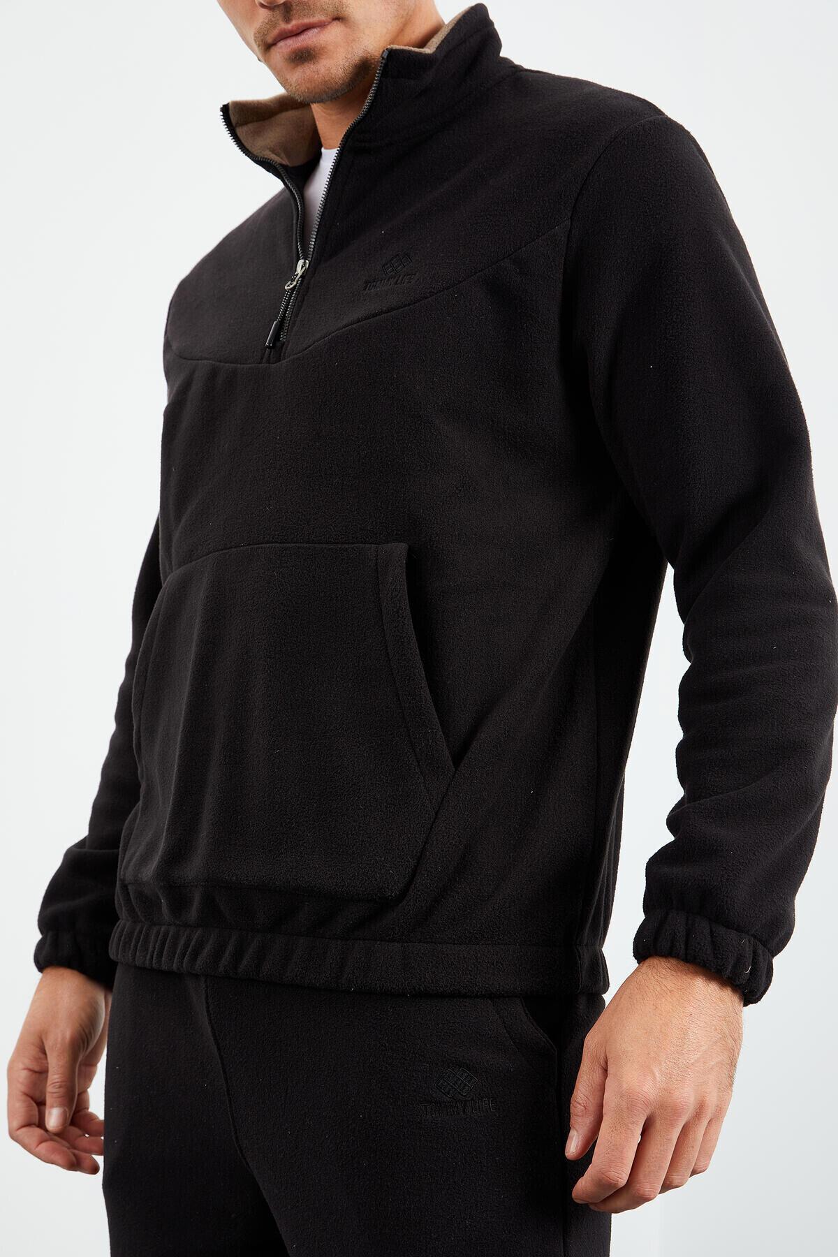 ست گرمکن مردانه مشکی، یقه ایستاده، نیم زیپ، لبه کشسان، پشمی - 85159 — رنگارنگ T09ER-85159 — تصویر 7 از 8