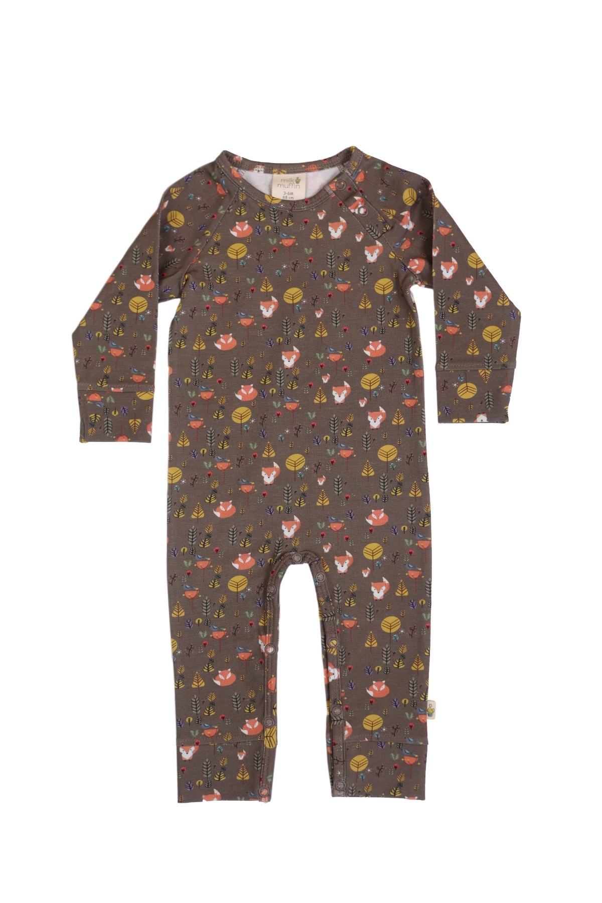 Milk & Muffin Kahverengi Tilki Ve Orman Desenli Uzun Kollu Bebek Tulum fotoğrafı 2 (önizleme)