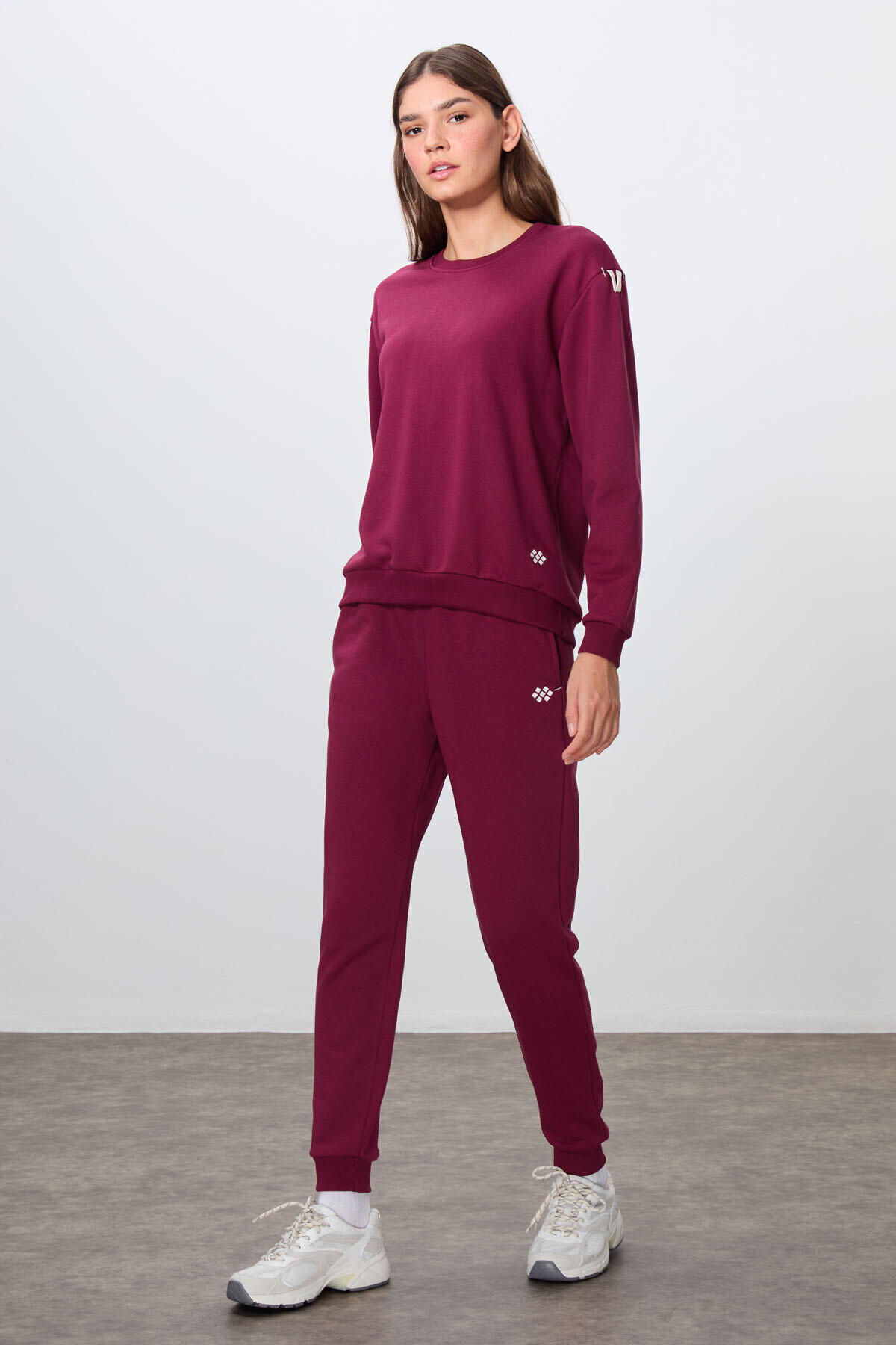 Erguvan Compact Cotton Thick Smooth Textured O-Neck Oversize Fit Women's Tracksuit - 95341