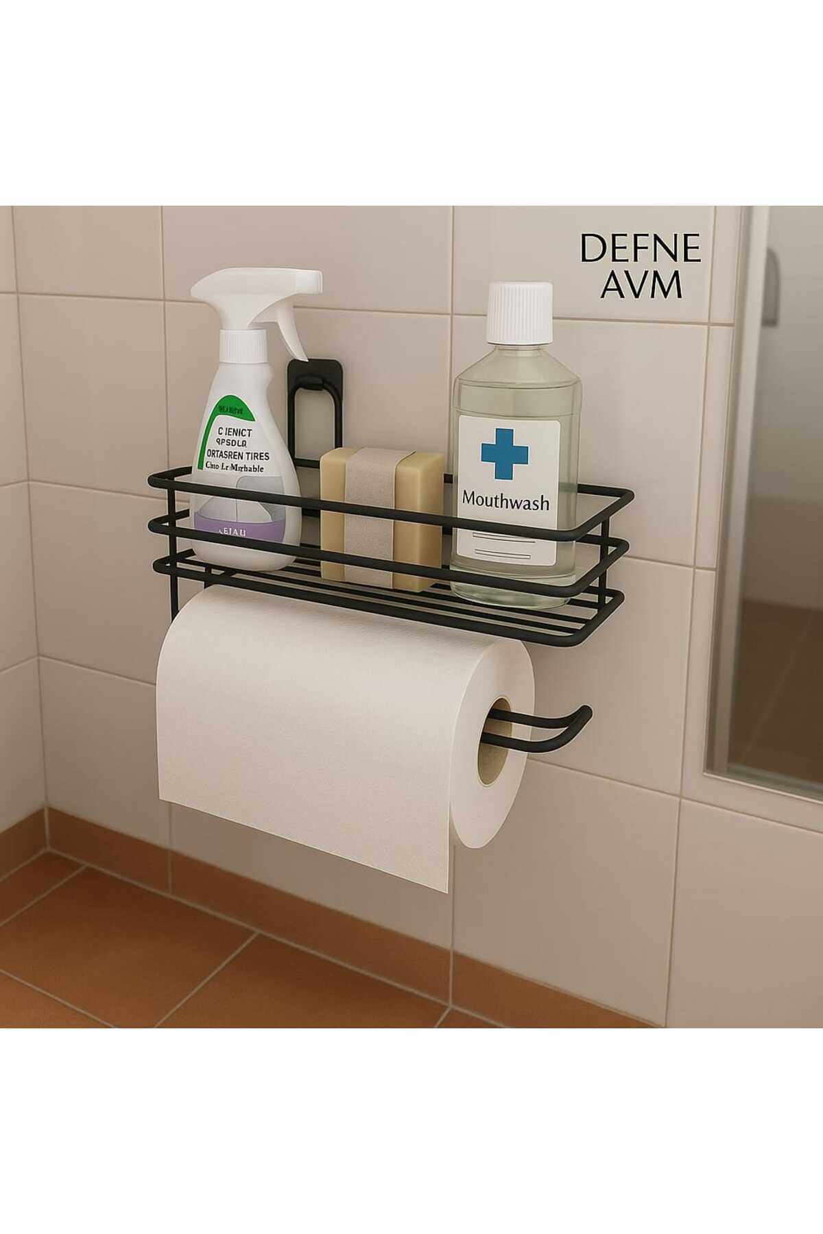 DEFNE AVM Yapışkanlı Raflı Rulo Kağıtlık Havluluk Peçetelik Havlu Kagıtlık Siyah Banyo Düzenleyici Rafı