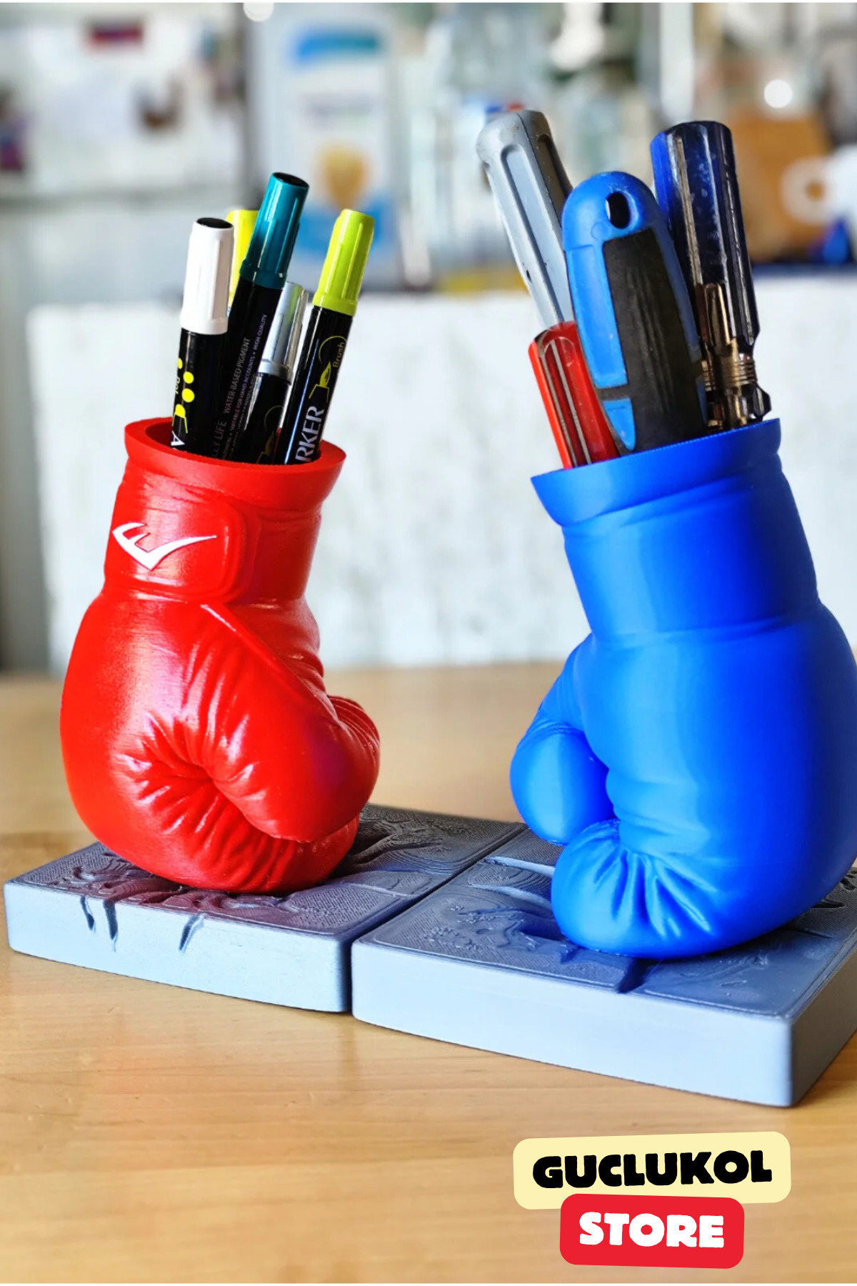 GÜÇLÜKOL Kırmızı / Mavi Boks Eldiveni Tasarımlı Kalemlik | Dekoratif Masa Üstü Organizer | Renk Belirtiniz