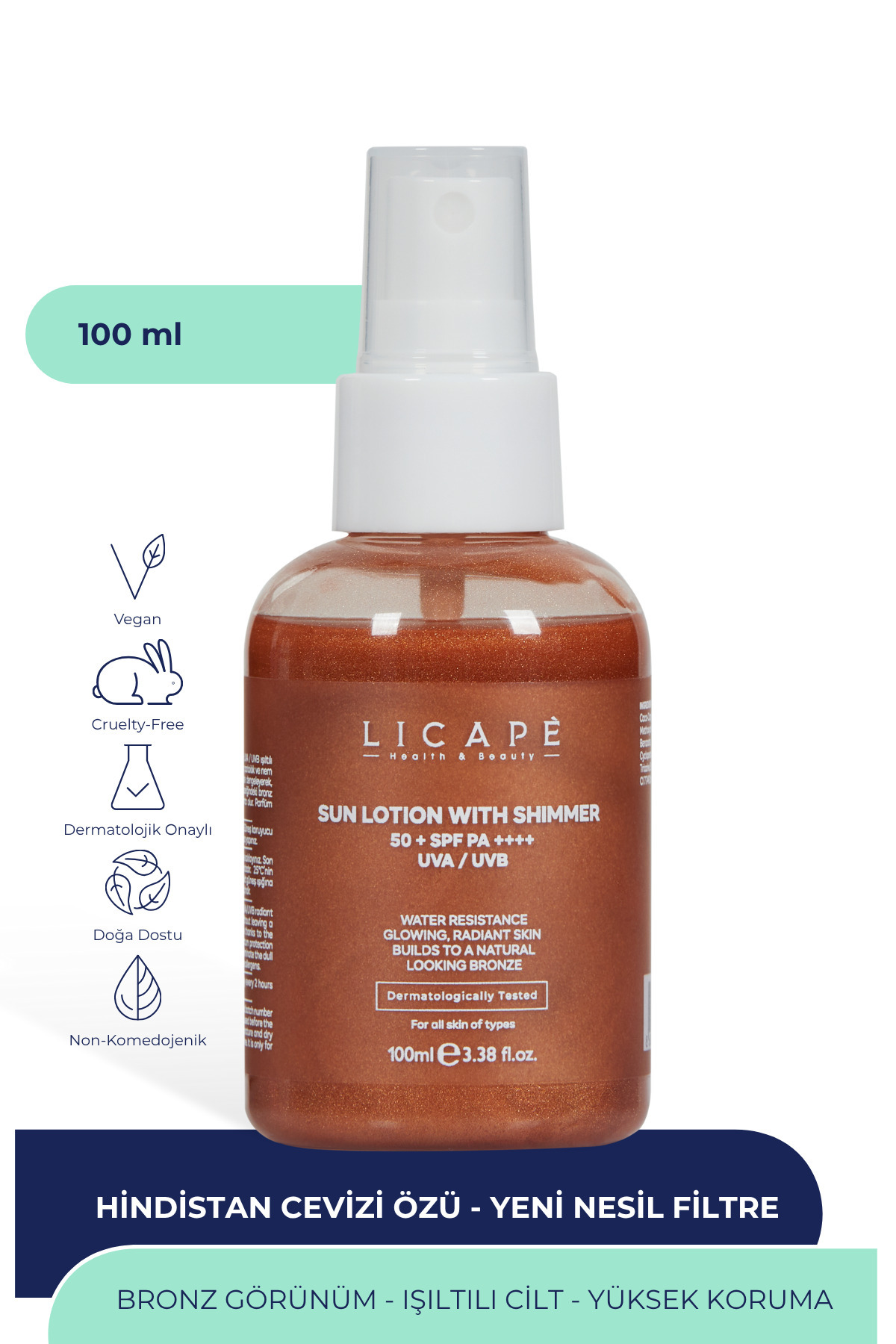 Licape Yüksek Koruma Suya Dayanıklı Işıltılı +50 Faktör Güneş Kremi 100ml