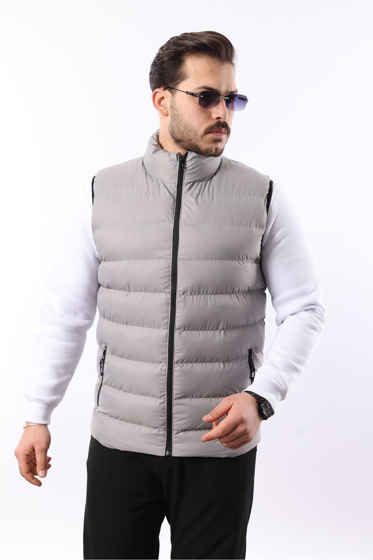 TREND YAŞAR Erkek Kolsuz Fermuarlı Cepli Basic Füme Şişme Yelek görsel 3