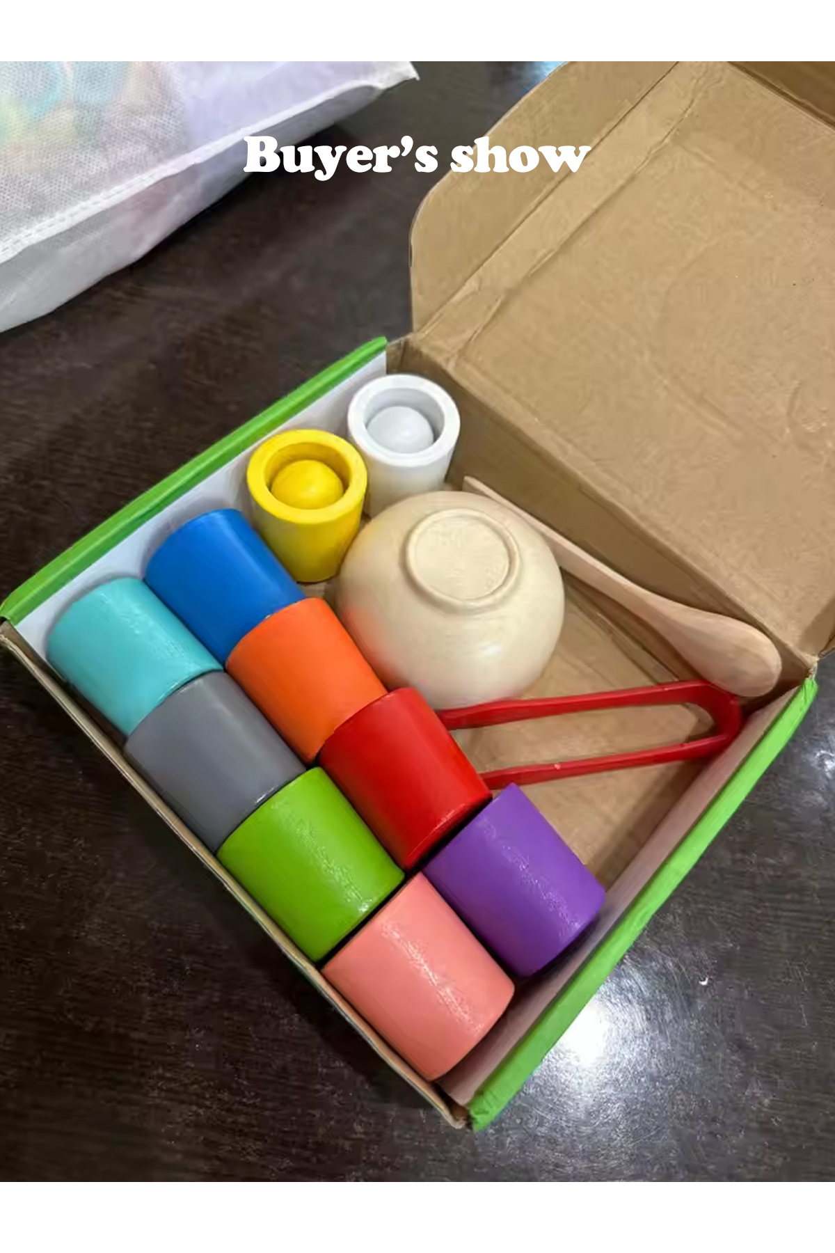 همان‌طور که نشان داده شده است، اسباب‌بازی چوبی مونته‌سوری: بازی تطبیق و مرتب‌سازی فنجان‌های رنگی برای آموزش شناخت، مناسب آموزش اوایل کودکی L