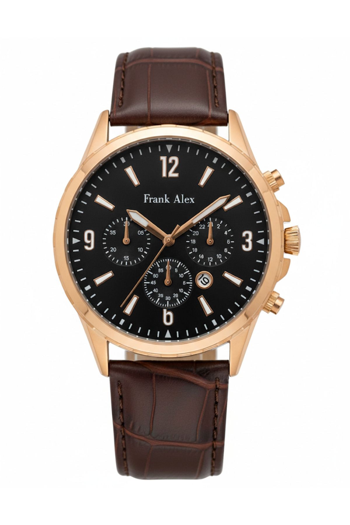 ساعت مچی مردانه رنگ مسی، صفحه مشکی - بند چرمی شیک، ۲ سال گارانتی