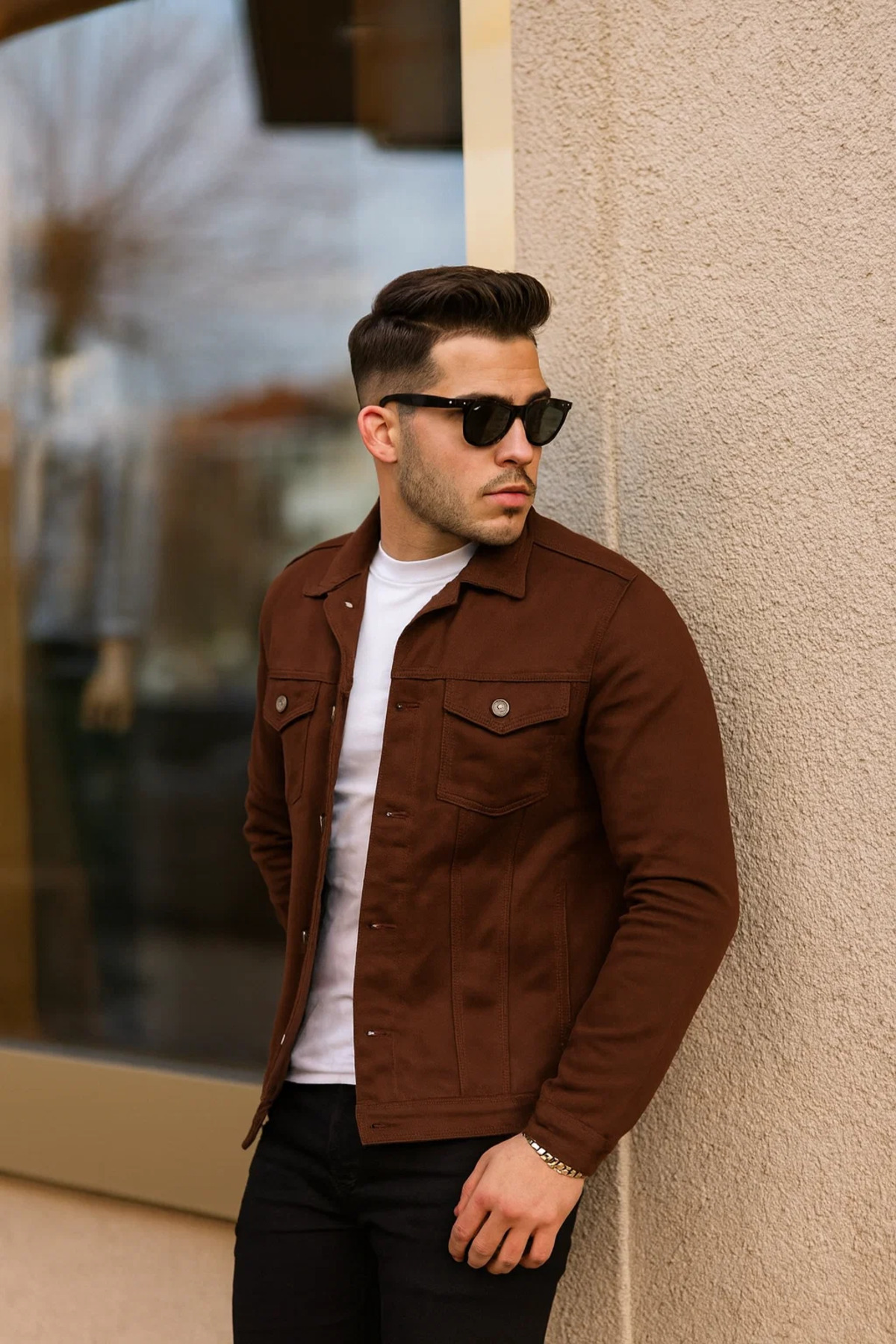 comstar  Erkek Trend Polo Yaka Slim Fit Denim Jeans Kahve Kot Ceket - Görsel 6