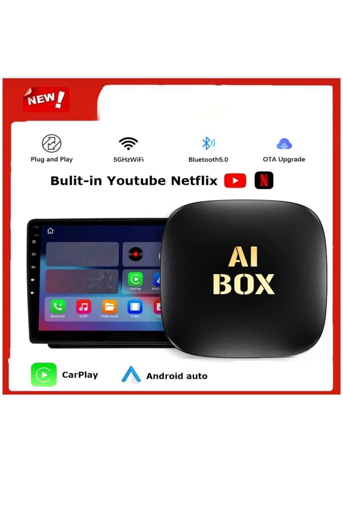 Genel Markalar Akıllı Multimedya Kutusu Android 32GB Kablosuz Carplay Ai Box YouTube Netflix Google PlayStore