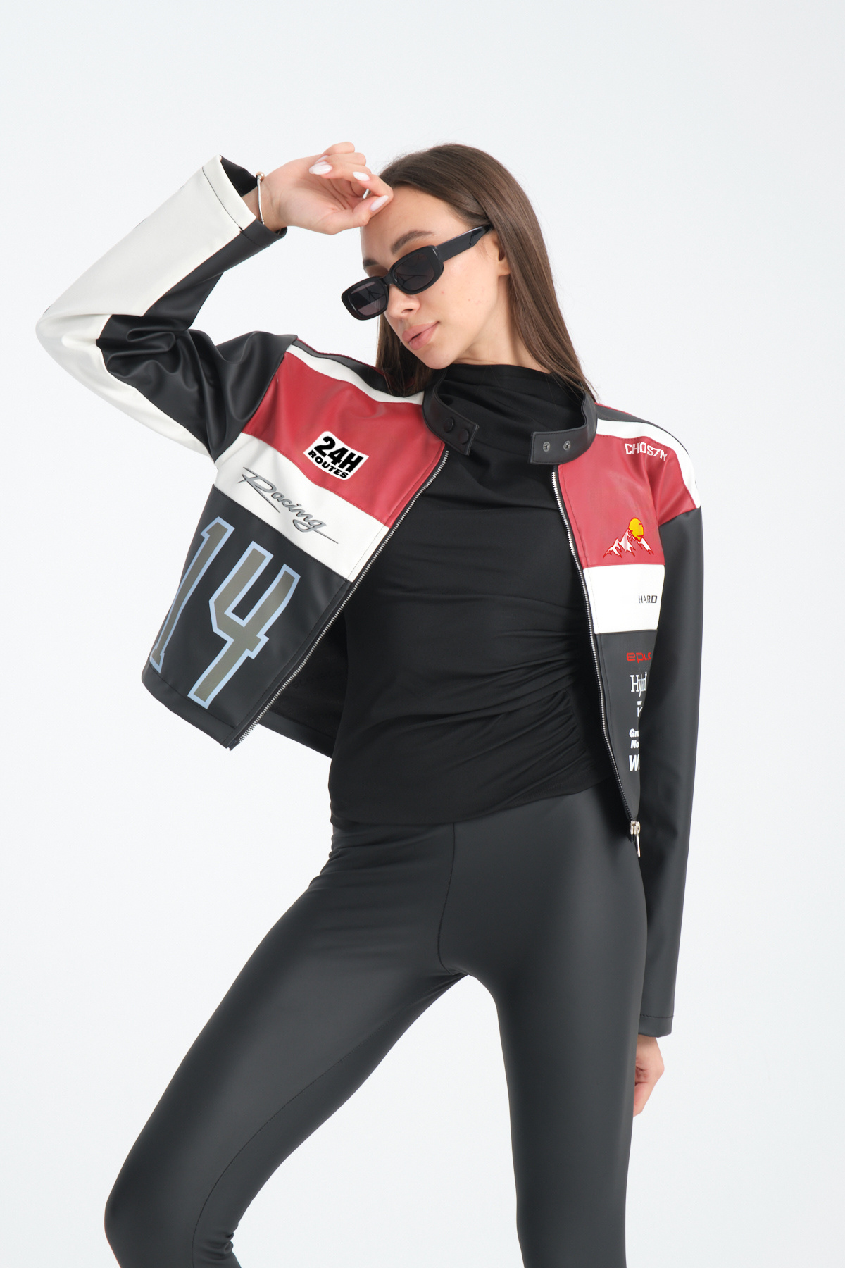 Black Level  Kadın Oversize Baskılı Deri Şeritli Motorcu Montu Garnili Fermuarlı Yarışçı Ceketi Bomber Kolej Mont - Görsel 7