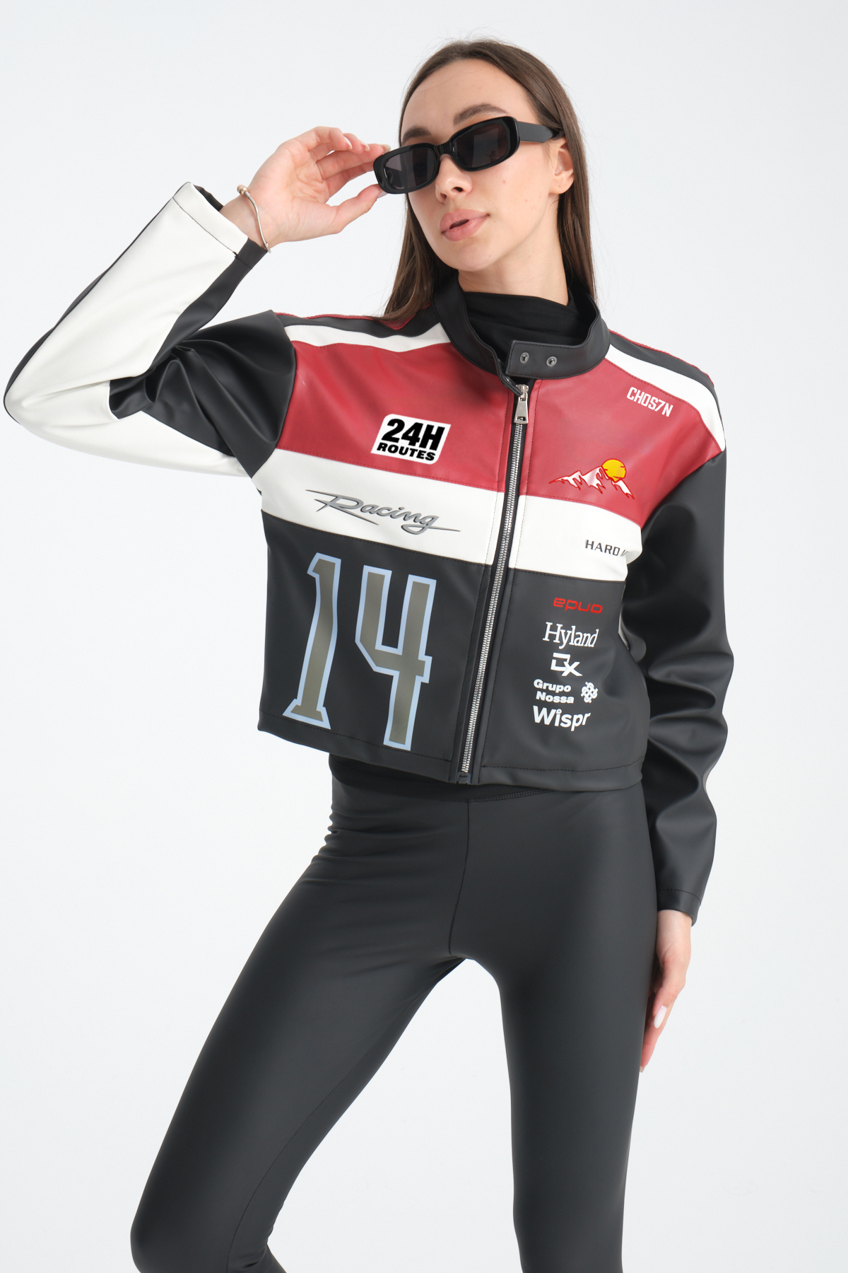 Black Level  Kadın Oversize Baskılı Deri Şeritli Motorcu Montu Garnili Fermuarlı Yarışçı Ceketi Bomber Kolej Mont - Görsel 4