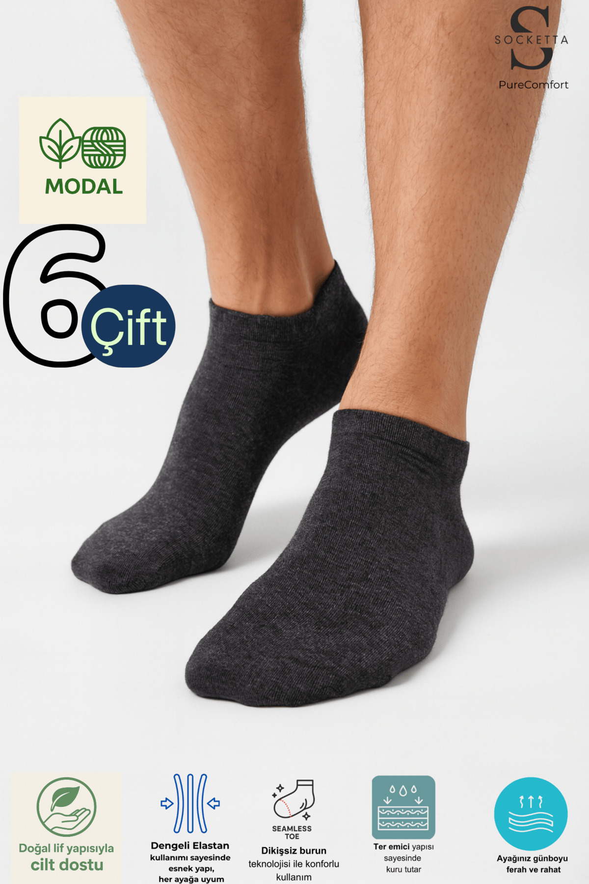 6-Pack Anthracite Melange Men's Modal Seamless Stretchy Booties Socks - Premium