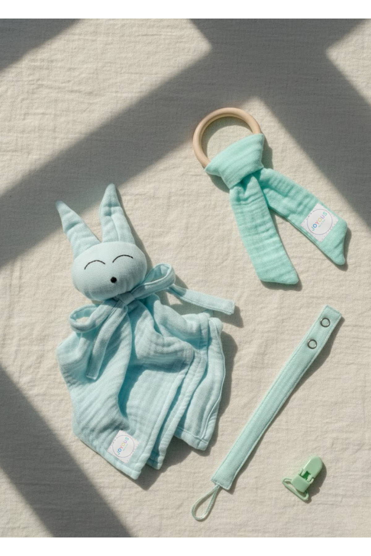 Welcome Baby Set of 3 100% Cotton Muslin Set Teether Pacifier Strap Sleeping Companion Newborn
