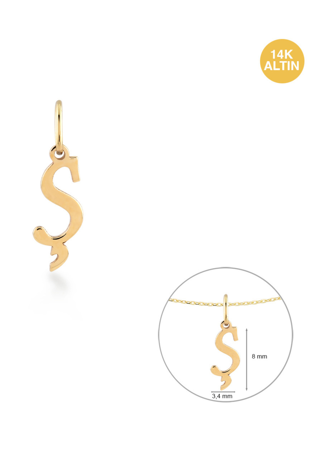 KURSHUNI Taşsız Ş Harfi, 14 Ayar Altın Kolye Ucu