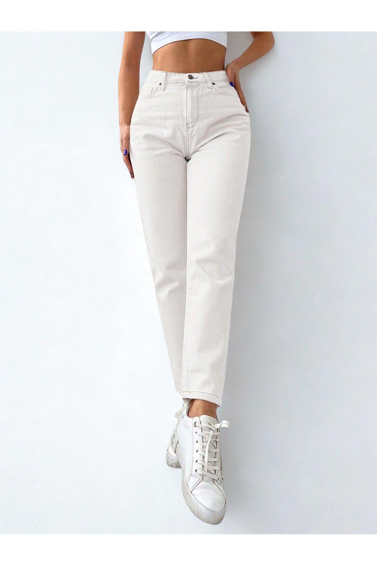 Polo State  Kadın Mom Fit Jeans Kot Pantolon Beyaz